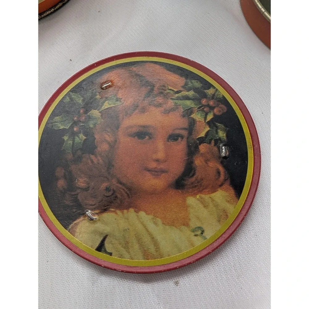 Vintage Round Metal & Cork-Backed Coaster Set, 6pc Portrait Design w/ Tin